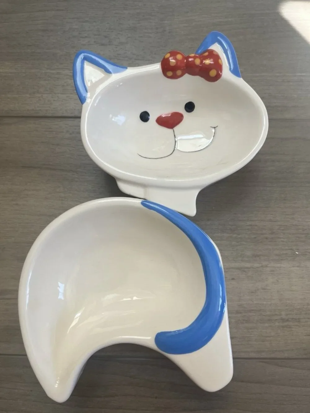 Ceramic Interlocking Cat Bowl set Water Food Dish Cat shaped Hand painted Kitty
